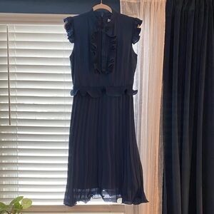 Chic Navy Blue Ruffle Pleated Midi Dress